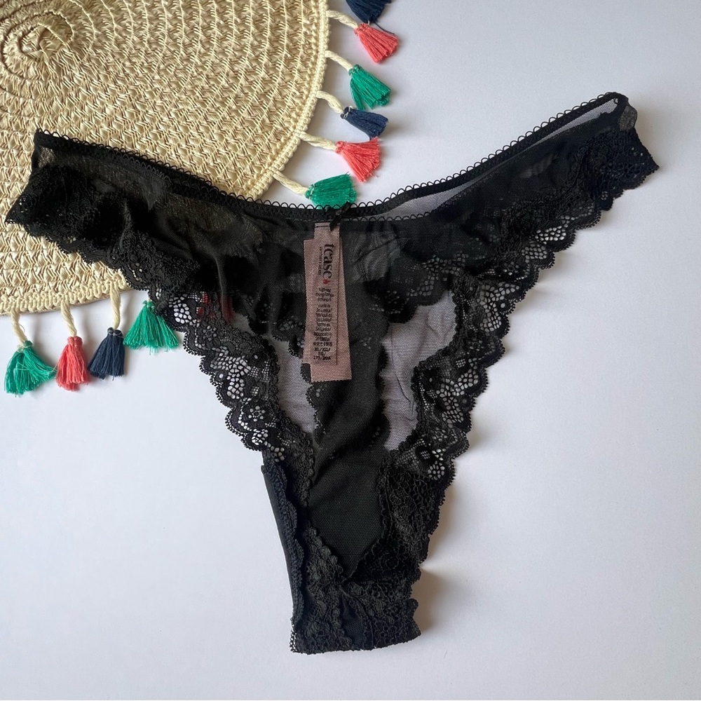 Victoria's Secret Tease Mesh Lace-Trim High-Leg Thong Panty Black XL NEW